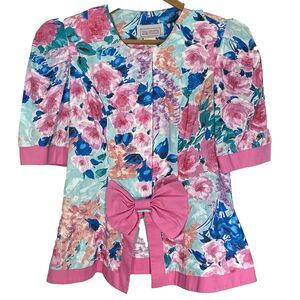 Vintage USA PETITES Blouse Floral Puff Sleeve Peplum Bow 80s Womens 4 Pink Blue